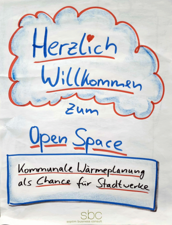 Willkommensplakat zur kommunale Wärmeplanung Session von GWI, Tracemaker und sbc auf dem OpenSpace der E-world 2023